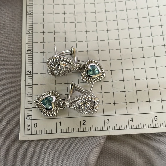 STUNNING Judith Ripka 925 SS Double Heart Blue Topaz/CZ Diamonique Earrings - Picture 9 of 11
